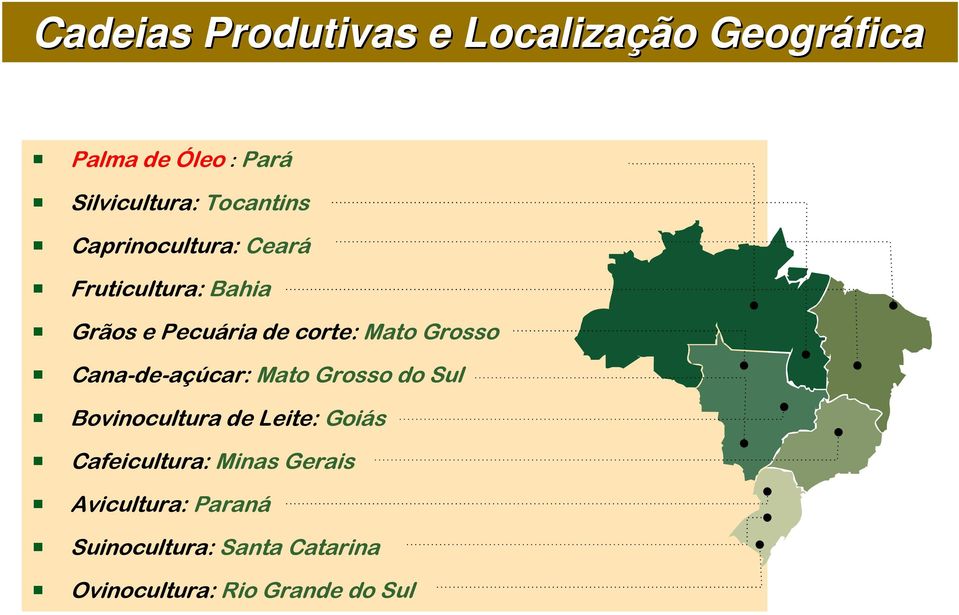 Grosso Cana-de-açúcar: Mato Grosso do Sul Bovinocultura de Leite: Goiás Cafeicultura: