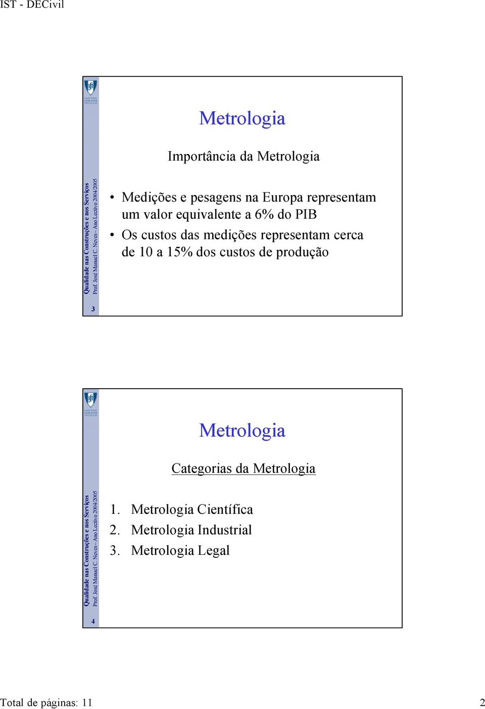 a 15% dos custos de produção 3 Metrologia Categorias da Metrologia 1.