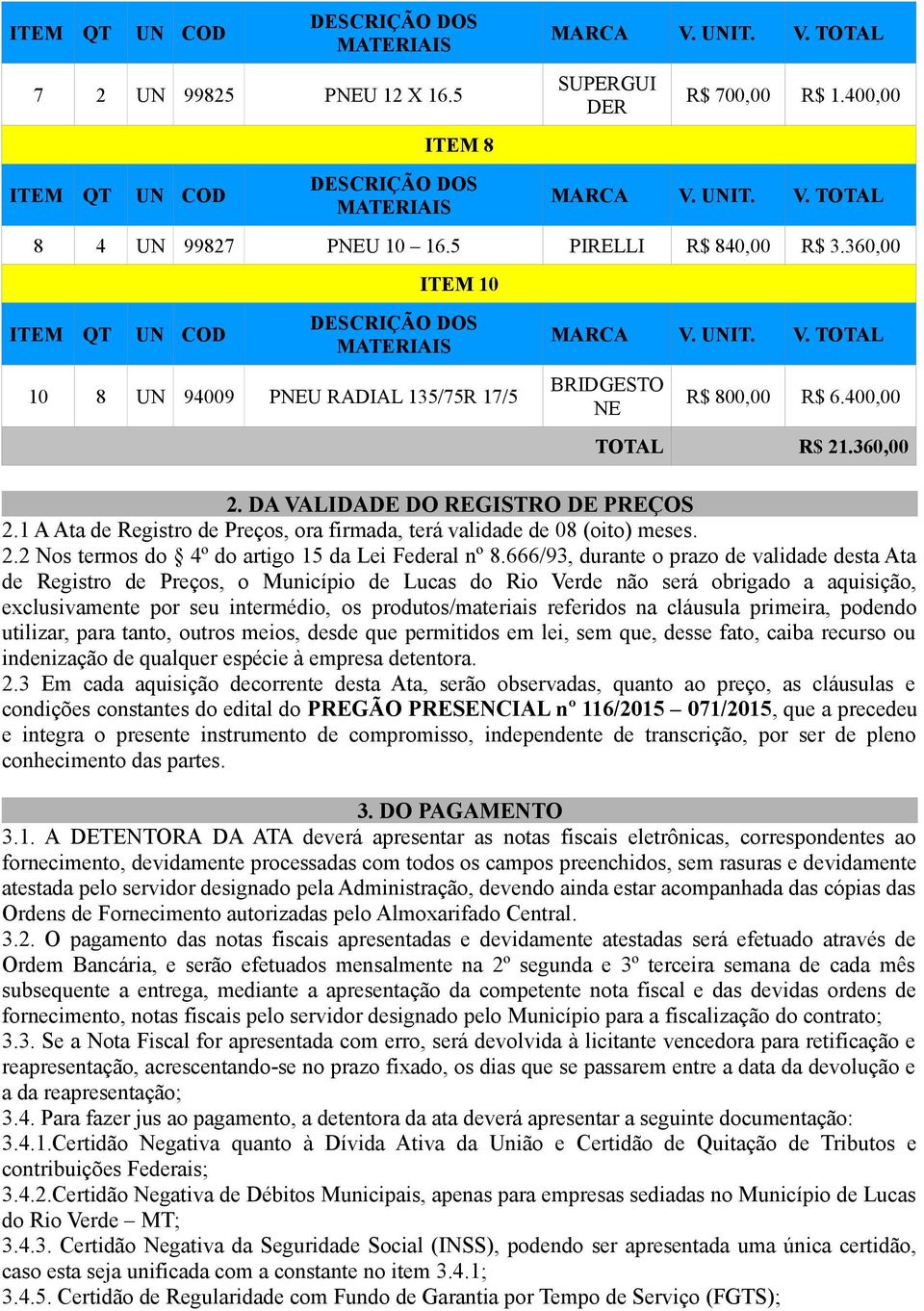 1 A Ata de Registro de Preços, ora firmada, terá validade de 08 (oito) meses. 2.2 Nos termos do 4º do artigo 15 da Lei Federal nº 8.