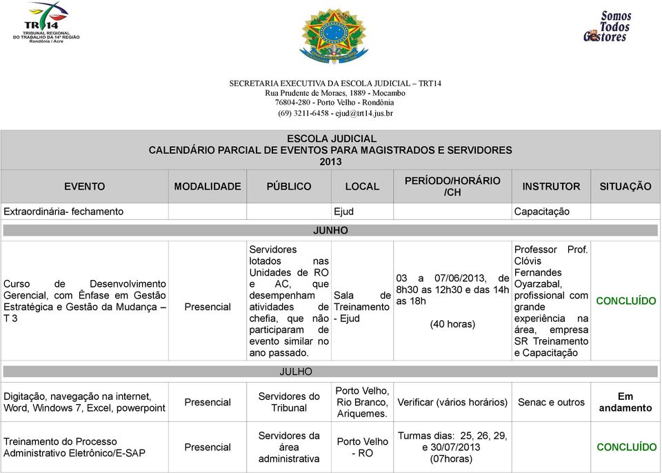 Excel, powerpoint do Tribunal, Rio Branco, Ariquemes.