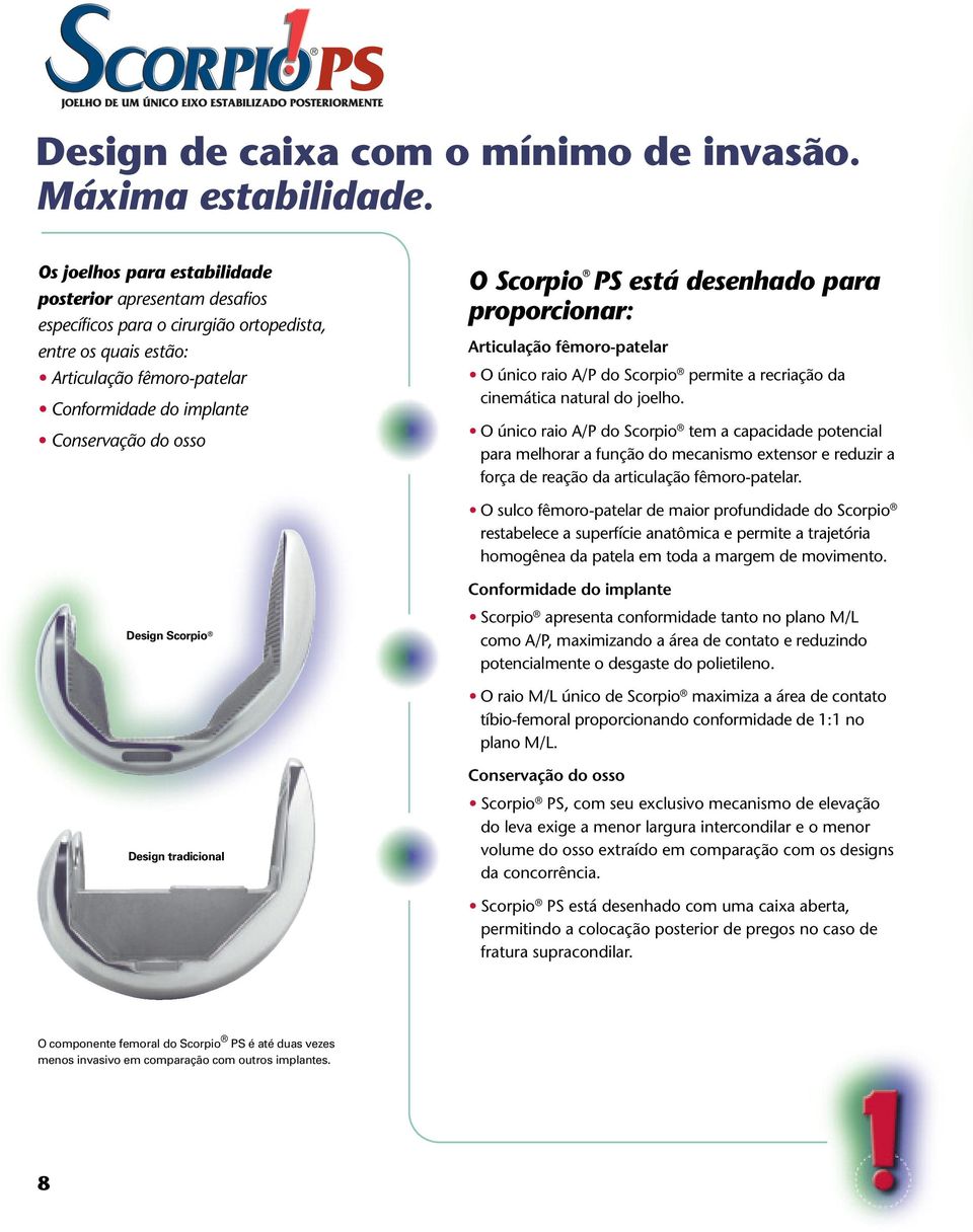 Scorpio PS está desenhado para proporcionar: Articulação fêmoro-patelar O único raio A/P do Scorpio permite a recriação da cinemática natural do joelho.