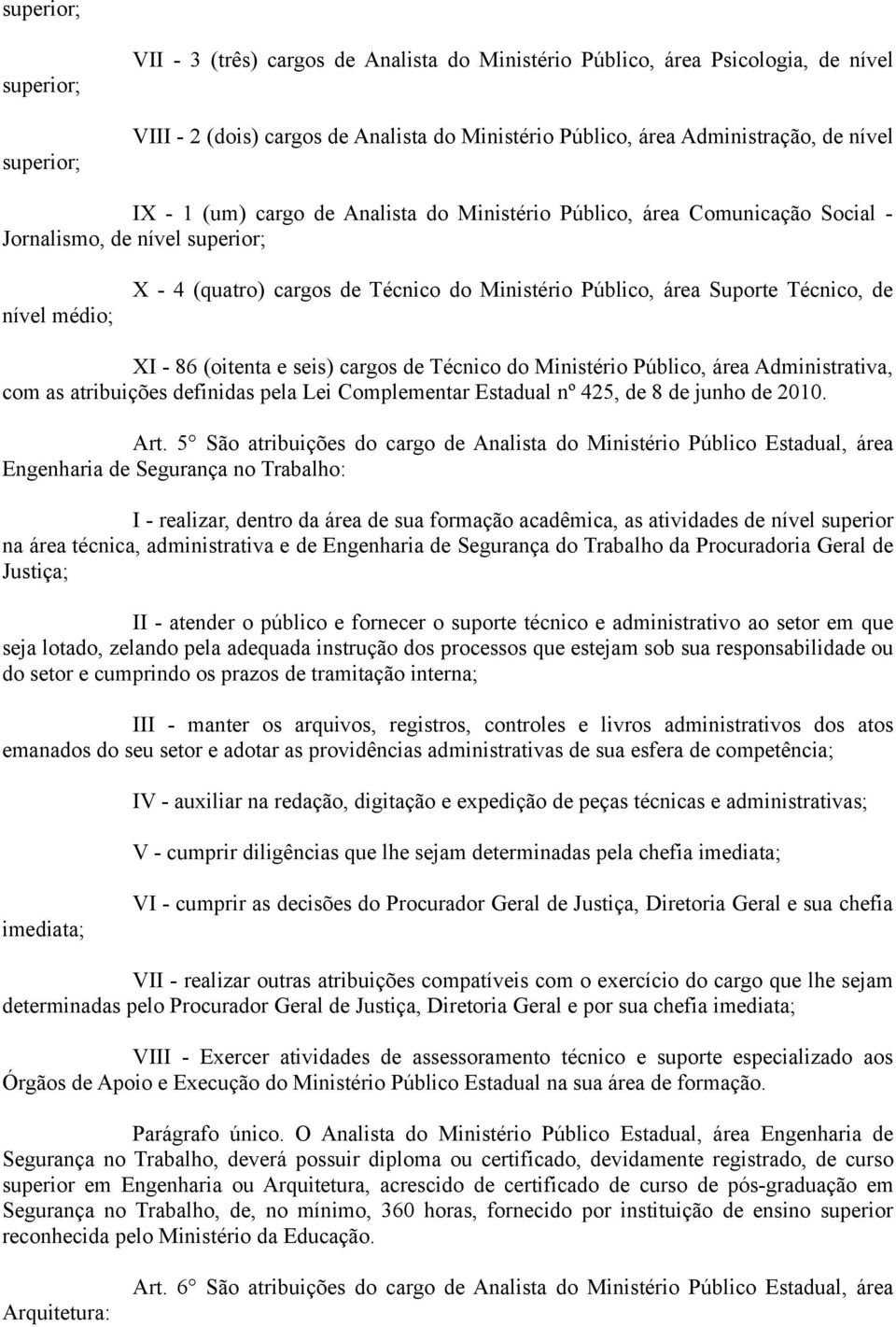 Técnico, de XI - 86 (oitenta e seis) cargos de Técnico do Ministério Público, área Administrativa, com as atribuições definidas pela Lei Complementar Estadual nº 425, de 8 de junho de 2010. Art.