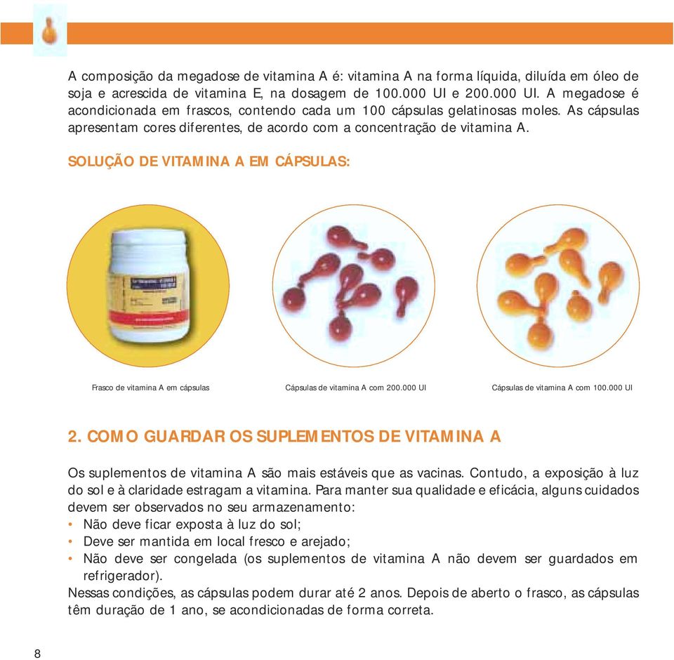 SOLUÇÃO DE VITAMINA A EM CÁPSULAS: Frasco de vitamina A em cápsulas Cápsulas de vitamina A com 200.000 UI Cápsulas de vitamina A com 100.000 UI 2.