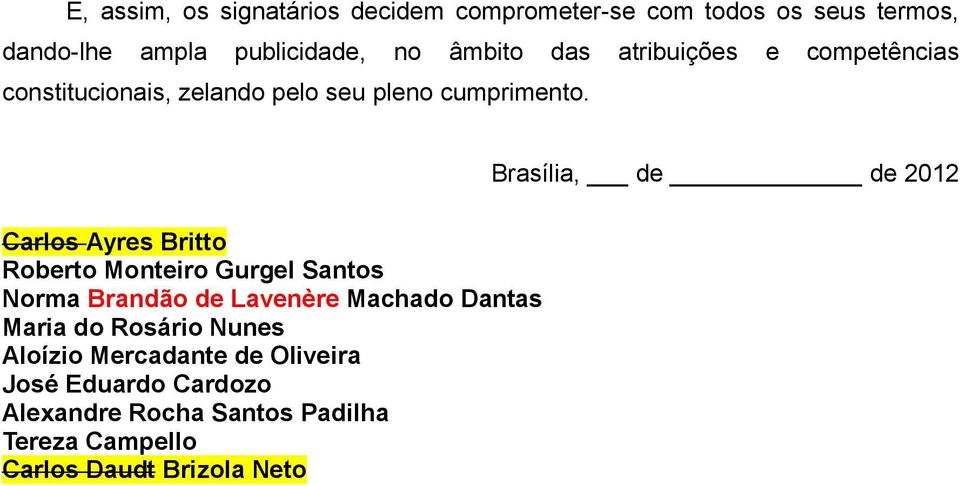 Brasília, de de 2012 Carlos Ayres Britto Roberto Monteiro Gurgel Santos Norma Brandão de Lavenère Machado Dantas