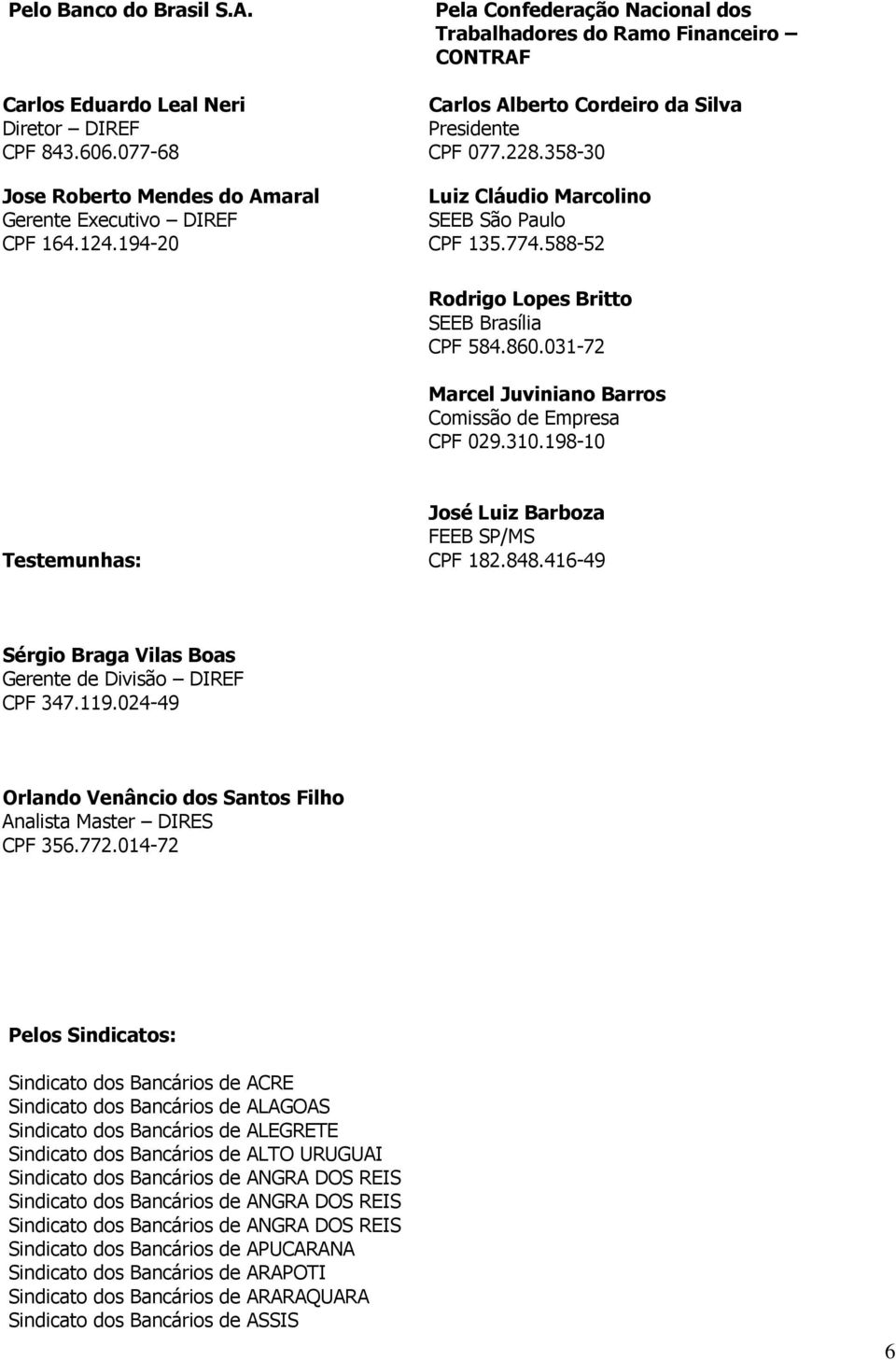 588-52 Rodrigo Lopes Britto SEEB Brasília CPF 584.860.031-72 Marcel Juviniano Barros Comissão de Empresa CPF 029.310.198-10 Testemunhas: José Luiz Barboza FEEB SP/MS CPF 182.848.