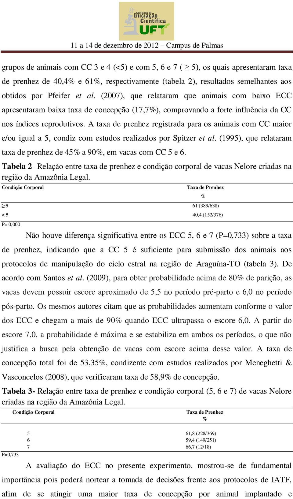 A taxa de prenhez registrada para os animais com CC maior e/ou igual a 5, condiz com estudos realizados por Spitzer et al. (1995), que relataram taxa de prenhez de 45% a 90%, em vacas com CC 5 e 6.