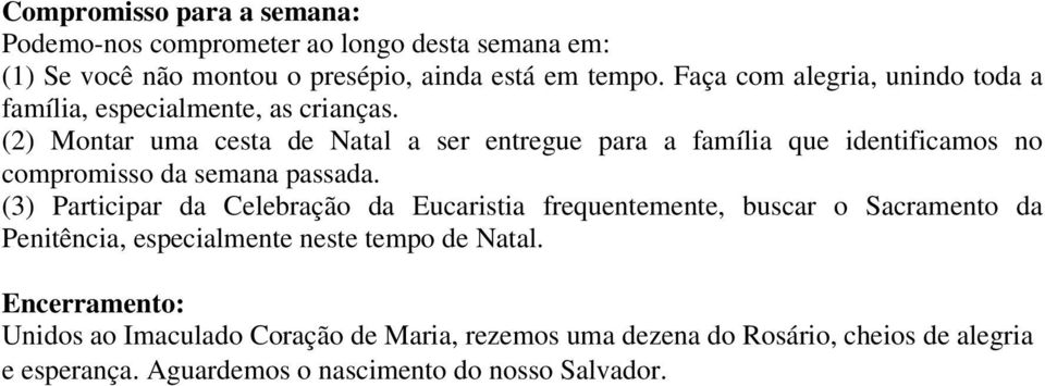 (2) Montar uma cesta de Natal a ser entregue para a família que identificamos no compromisso da semana passada.