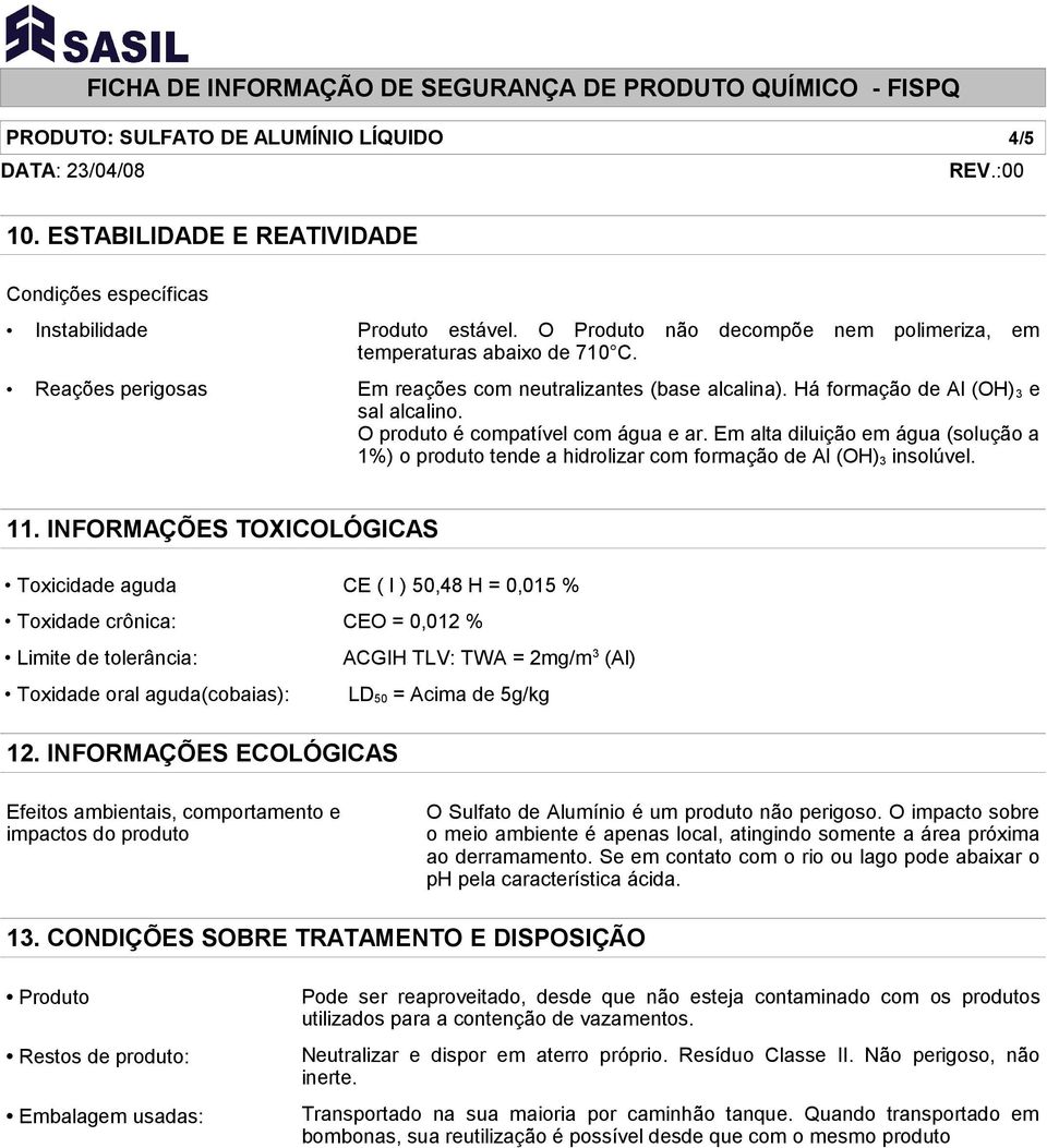 Em alta diluição em água (solução a 1%) o produto tende a hidrolizar com formação de Al (OH) 3 insolúvel. 11.