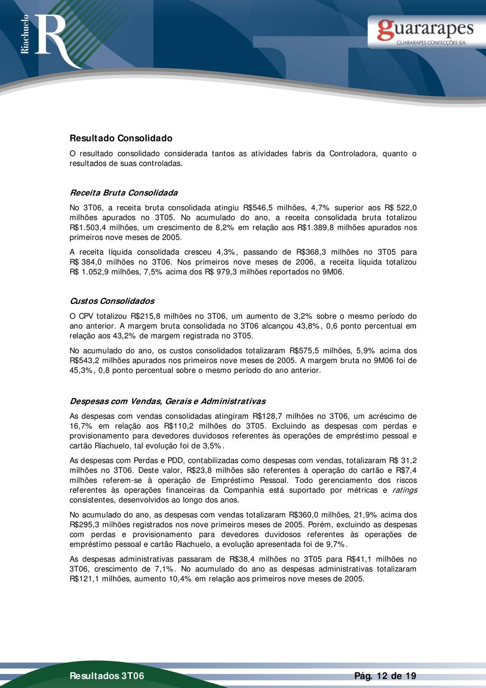 No acumulado do ano, a receita consolidada bruta totalizou R$1.503,4 milhões, um crescimento de 8,2% em relação aos R$1.389,8 milhões apurados nos primeiros nove meses de 2005.