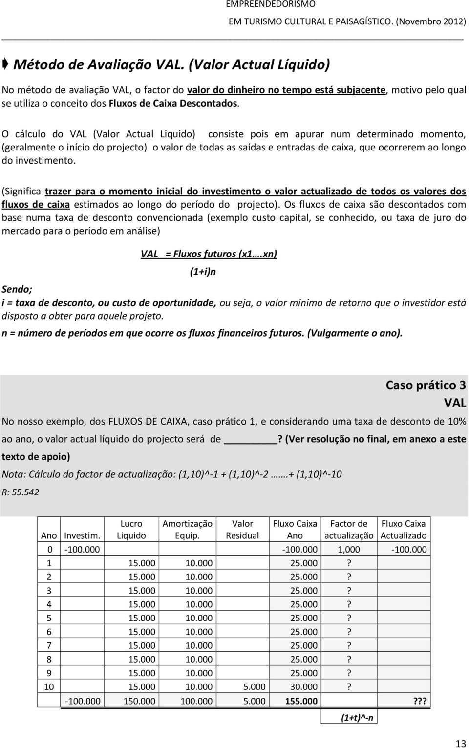 O cálculo do VAL (Valor Actual Liquido) consiste pois em apurar num determinado momento, (geralmente o início do projecto) o valor de todas as saídas e entradas de caixa, que ocorrerem ao longo do