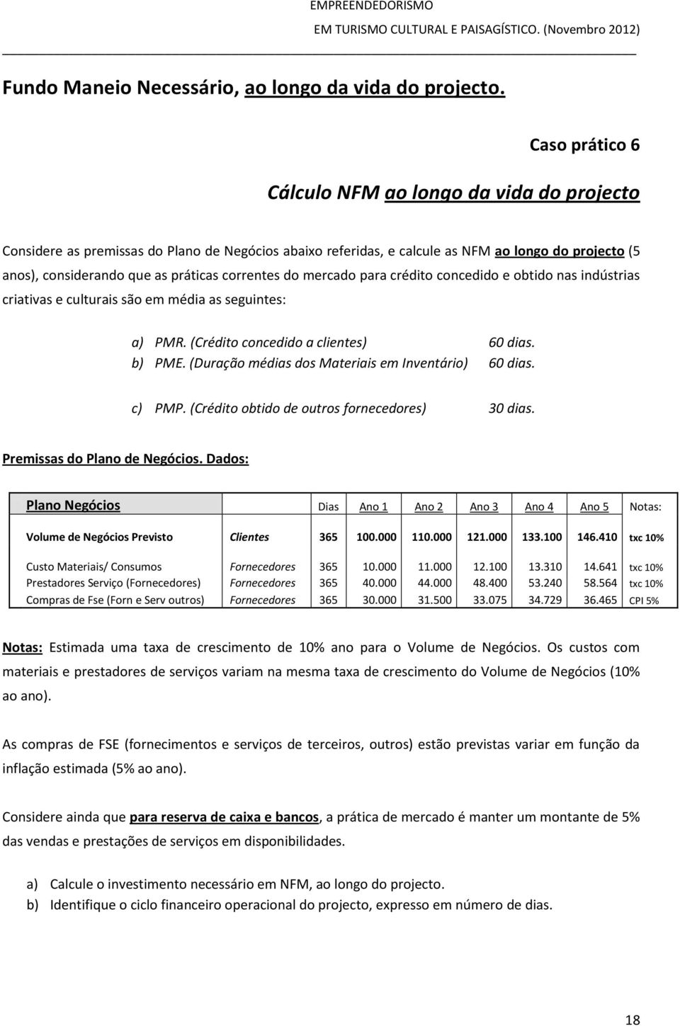 correntes do mercado para crédito concedido e obtido nas indústrias criativas e culturais são em média as seguintes: a) PMR. (Crédito concedido a clientes) 60 dias. b) PME.