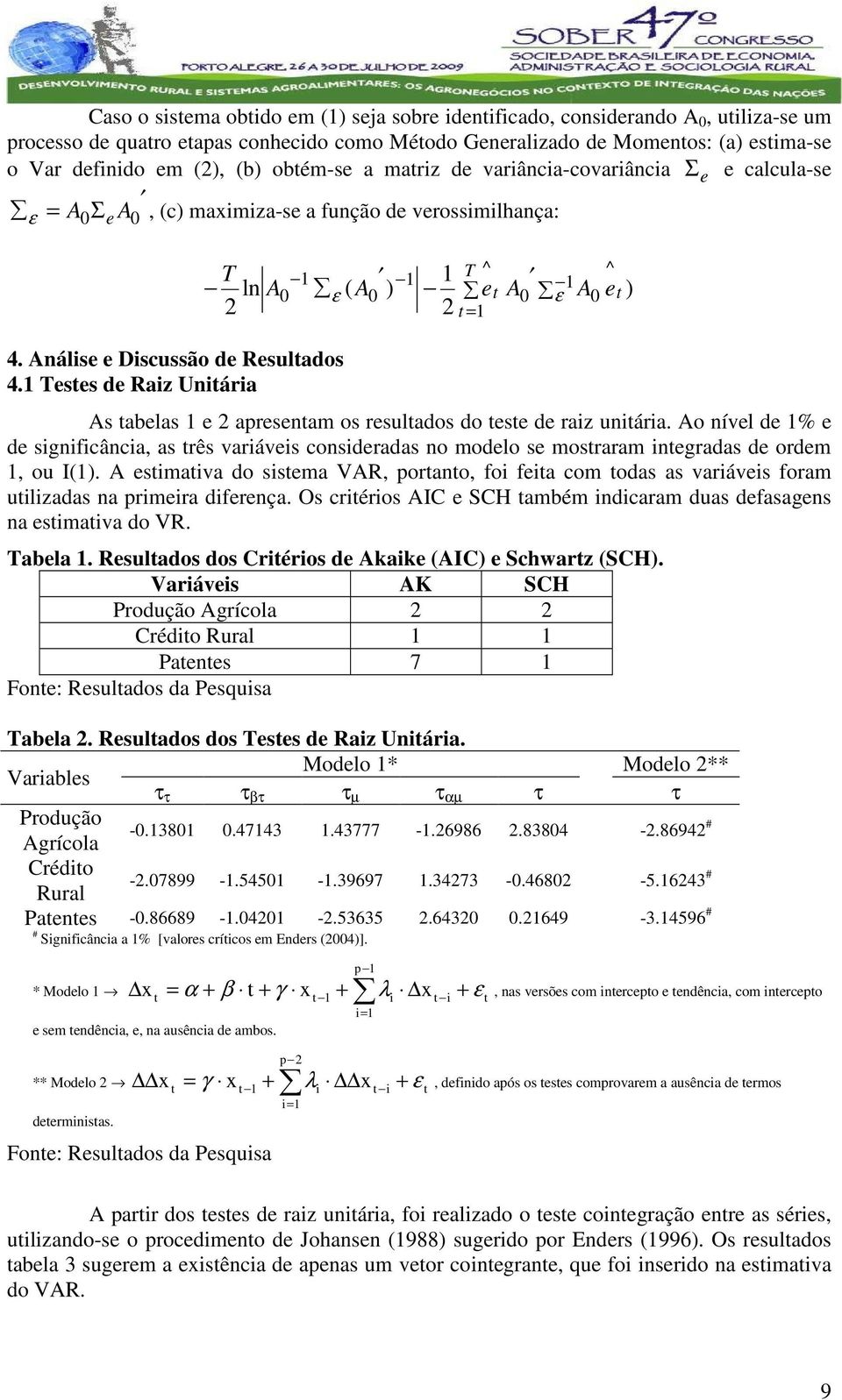 Teses de Raiz Uniária ^ ^ T ( ) A e A ε ε A e 2 = As abelas e 2 apresenam os resulados do ese de raiz uniária.