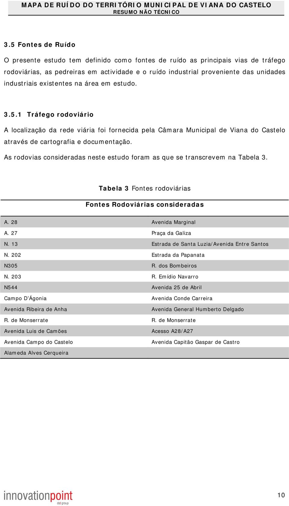 As rodovias consideradas neste estudo foram as que se transcrevem na Tabela 3. Tabela 3 Fontes rodoviárias Fontes Rodoviárias consideradas A. 28 Avenida Marginal A. 27 Praça da Galiza N.