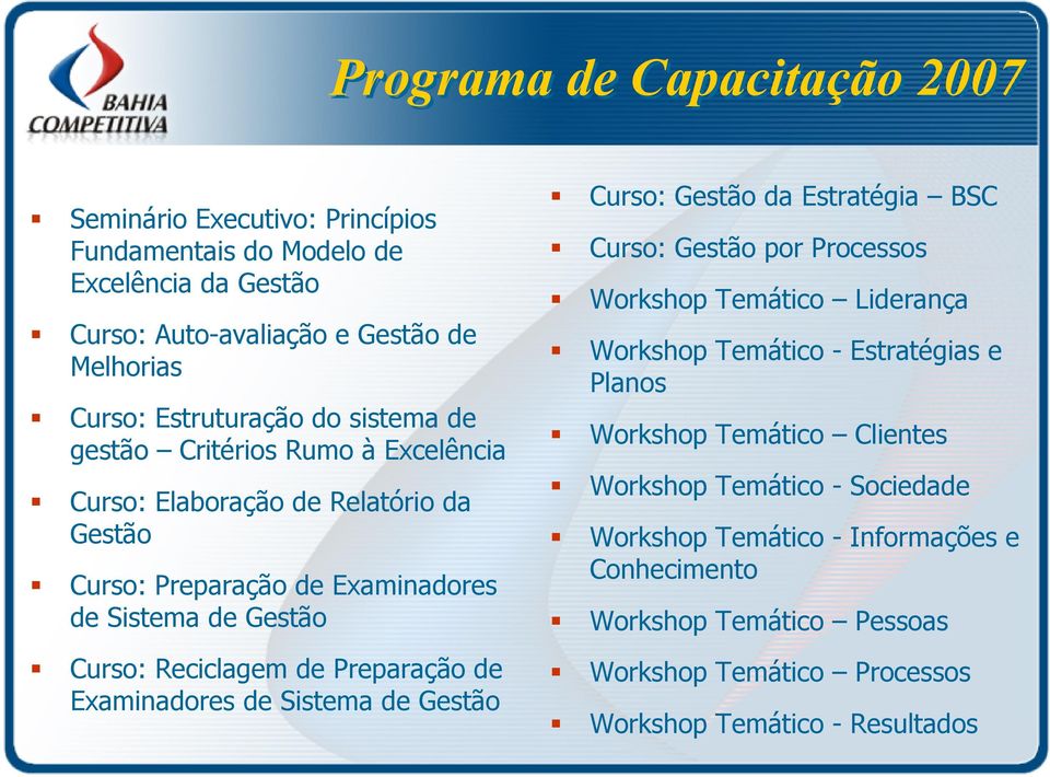 de Examinadores de Sistema de Gestão Curso: Gestão da Estratégia BSC Curso: Gestão por Processos Workshop Temático Liderança Workshop Temático - Estratégias e Planos Workshop
