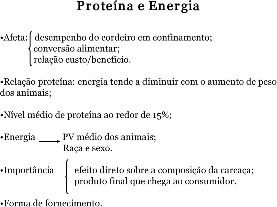 Relação proteína: energia tende a diminuir com o aumento de peso dos animais; Nível médio de