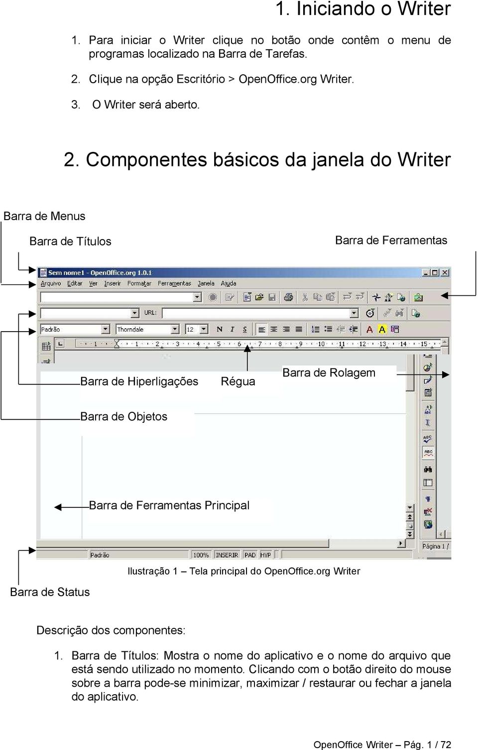 Componentes básicos da janela do Writer Barra de Menus Barra de Ferramentas Barra de Títulos Barra de Hiperligações Régua Barra de Rolagem Barra de Objetos Barra de Ferramentas Principal