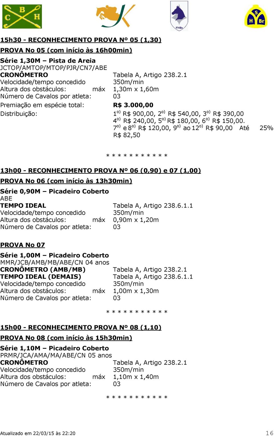 7 o) e 8 o) R$ 120,00, 9 o) ao 12 o) R$ 90,00 Até 25% R$ 82,50 13h00 - RECONHECIMENTO PROVA Nº 06 (0,90) e 07 (1,00) PROVA No 06 (com início às 13h30min) Série 0,90M Picadeiro Coberto ABE TEMPO IDEAL