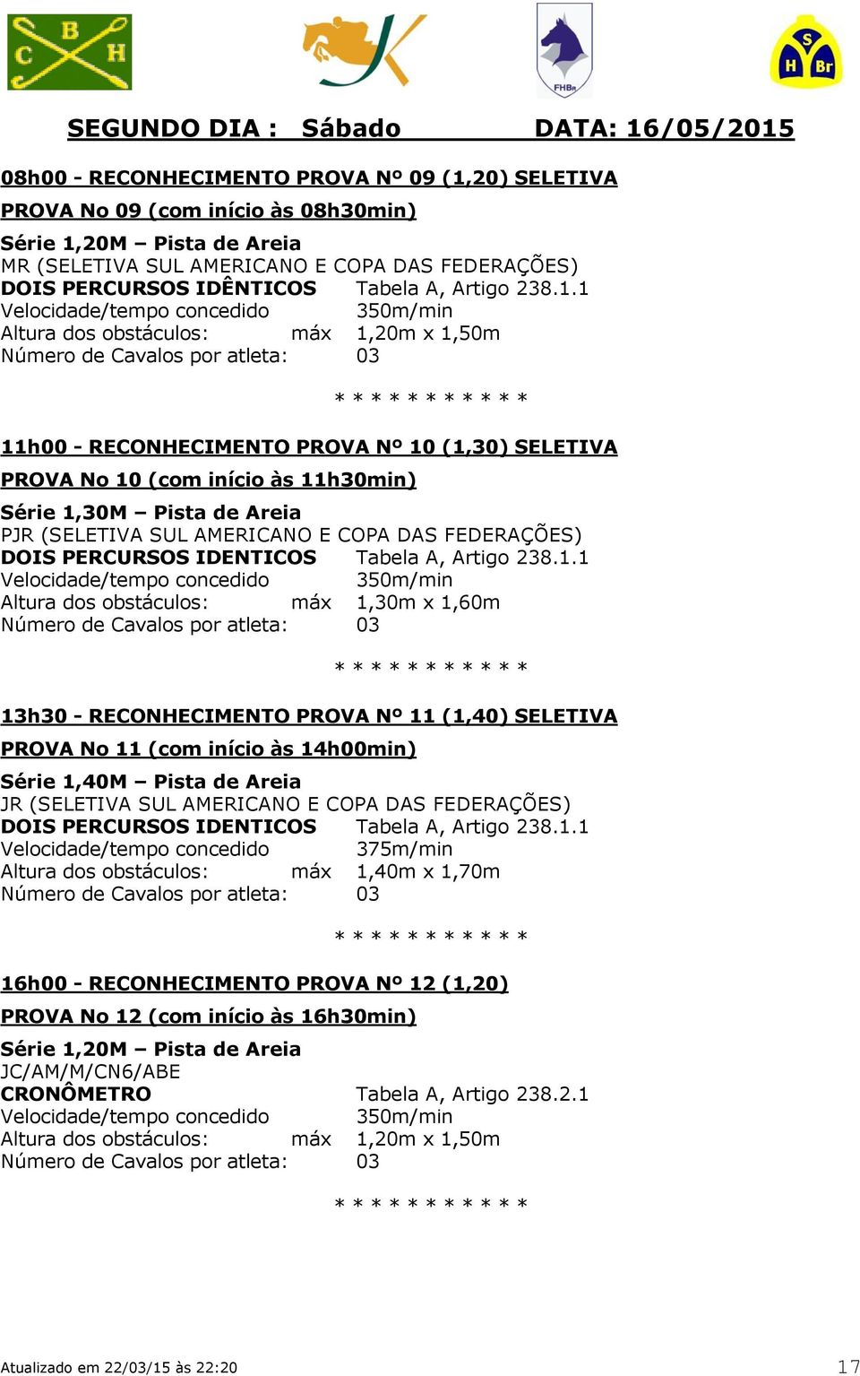 1 Altura dos obstáculos: máx 1,20m x 1,50m 11h00 - RECONHECIMENTO PROVA Nº 10 (1,30) SELETIVA PROVA No 10 (com início às 11h30min) Série 1,30M Pista de Areia PJR (SELETIVA SUL AMERICANO E COPA DAS