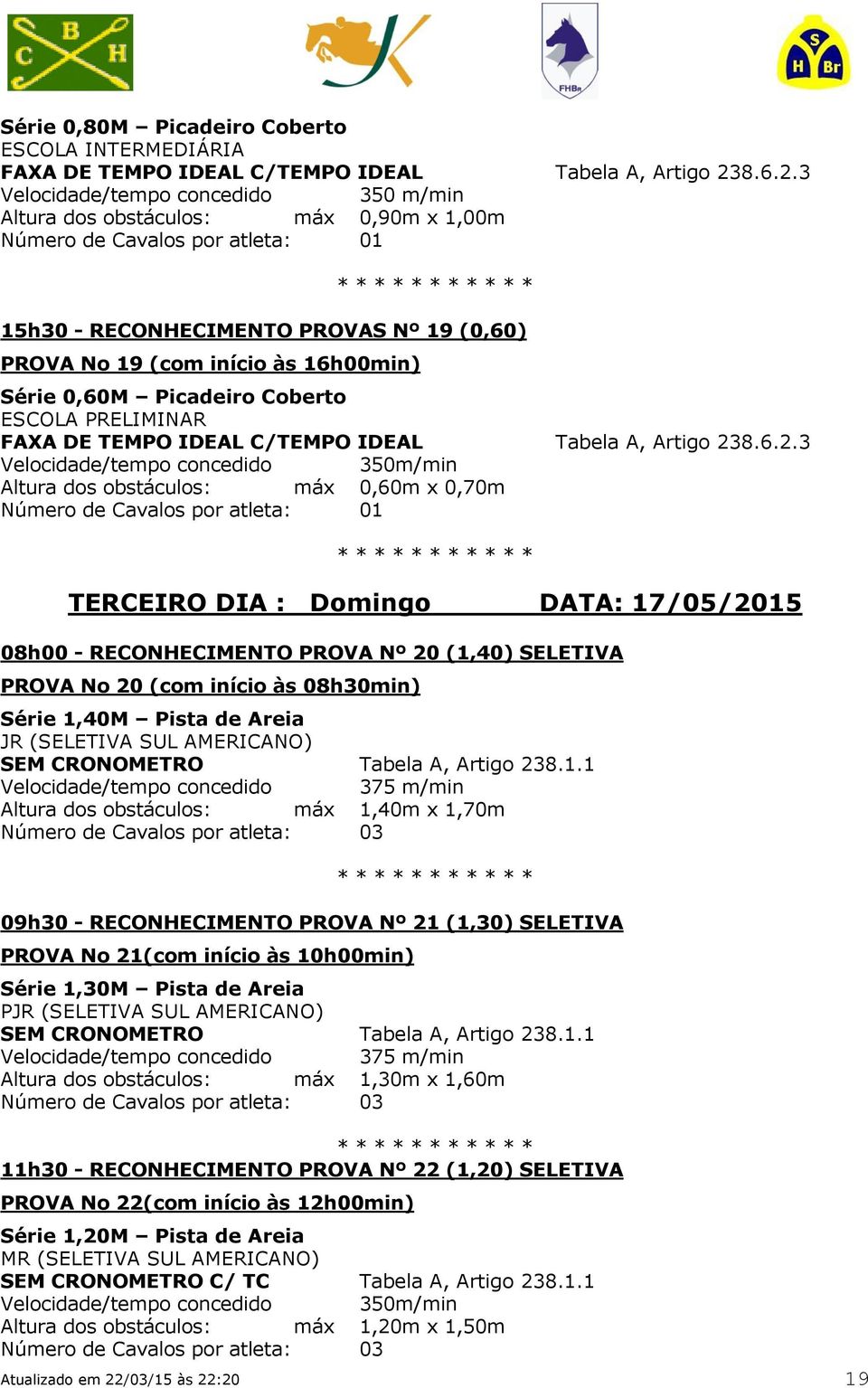 3 Velocidade/tempo concedido 350 m/min Altura dos obstáculos: máx 0,90m x 1,00m Número de Cavalos por atleta: 01 15h30 - RECONHECIMENTO PROVAS Nº 19 (0,60) PROVA No 19 (com início às 16h00min) Série