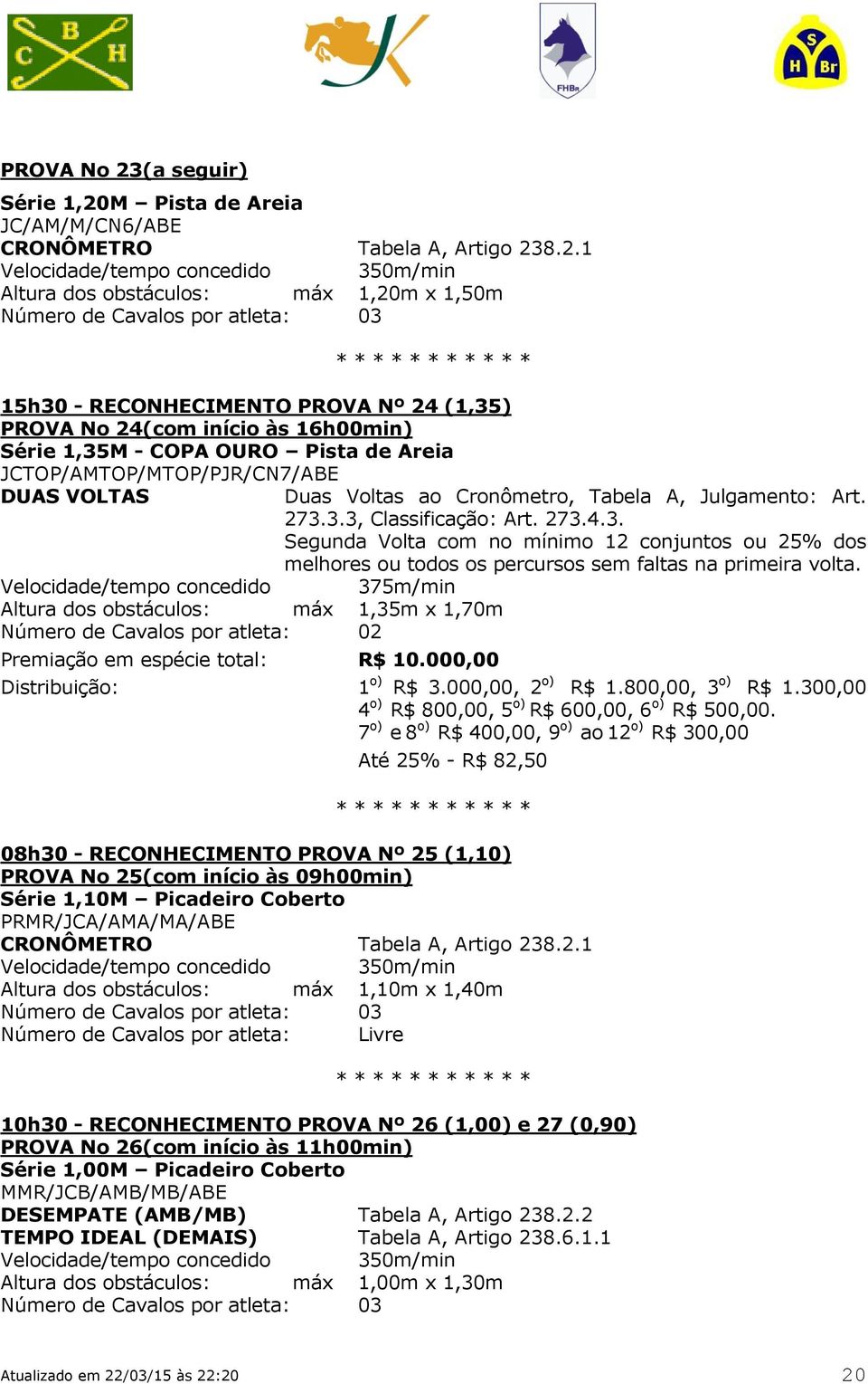 M Pista de Areia JC/AM/M/CN6/ABE CRONÔMETRO Tabela A, Artigo 23