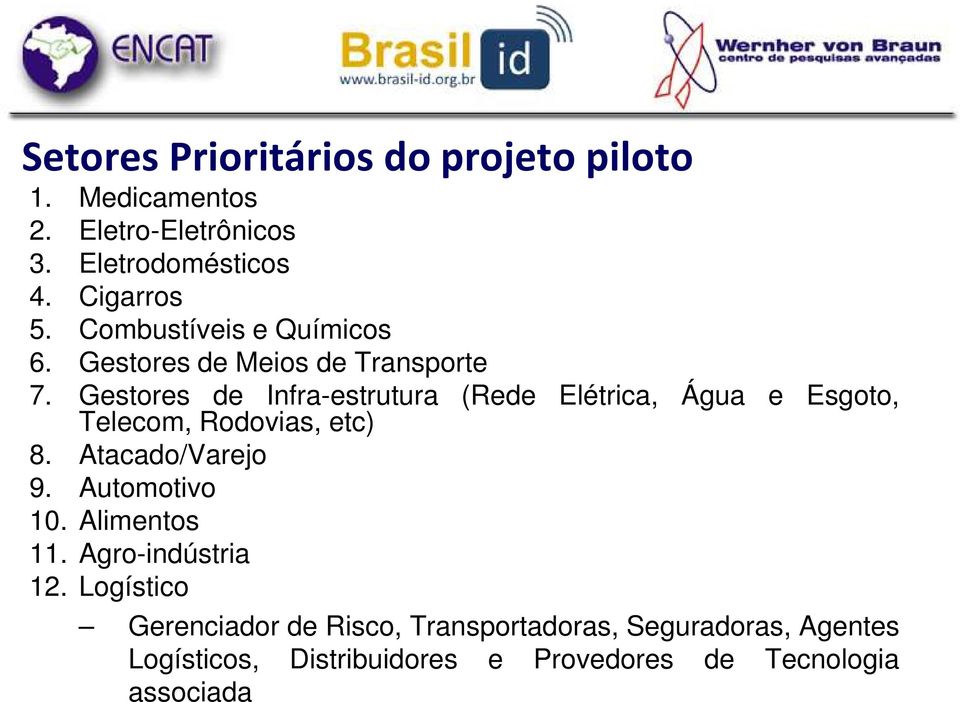 Gestores de Infra-estrutura Telecom, Rodovias, etc) (Rede Elétrica, Água e Esgoto, 8. Atacado/Varejo 9.