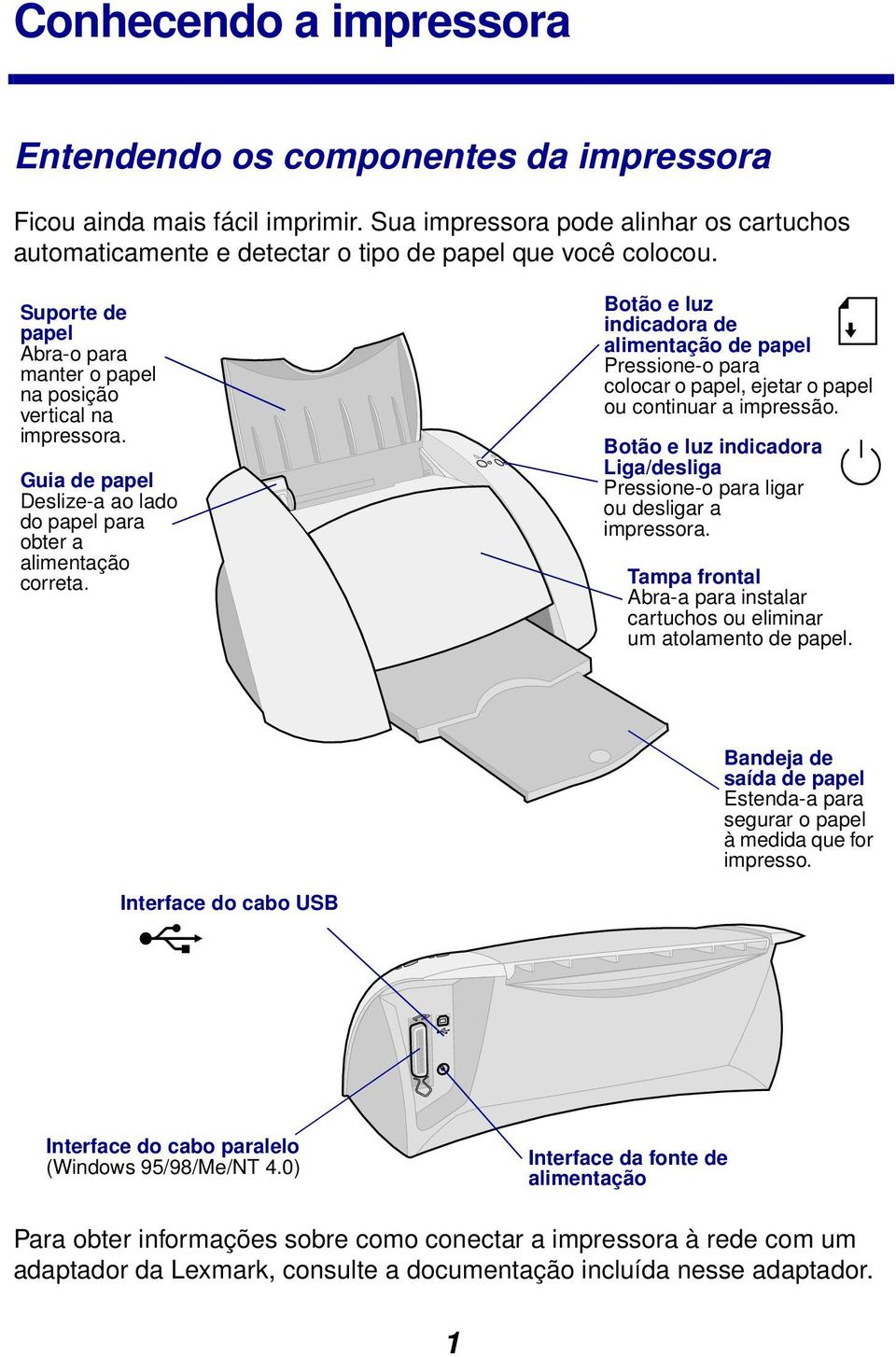Botão e luz indicadora de alimentação de papel Pressione-o para colocar o papel, ejetar o papel ou continuar a impressão.