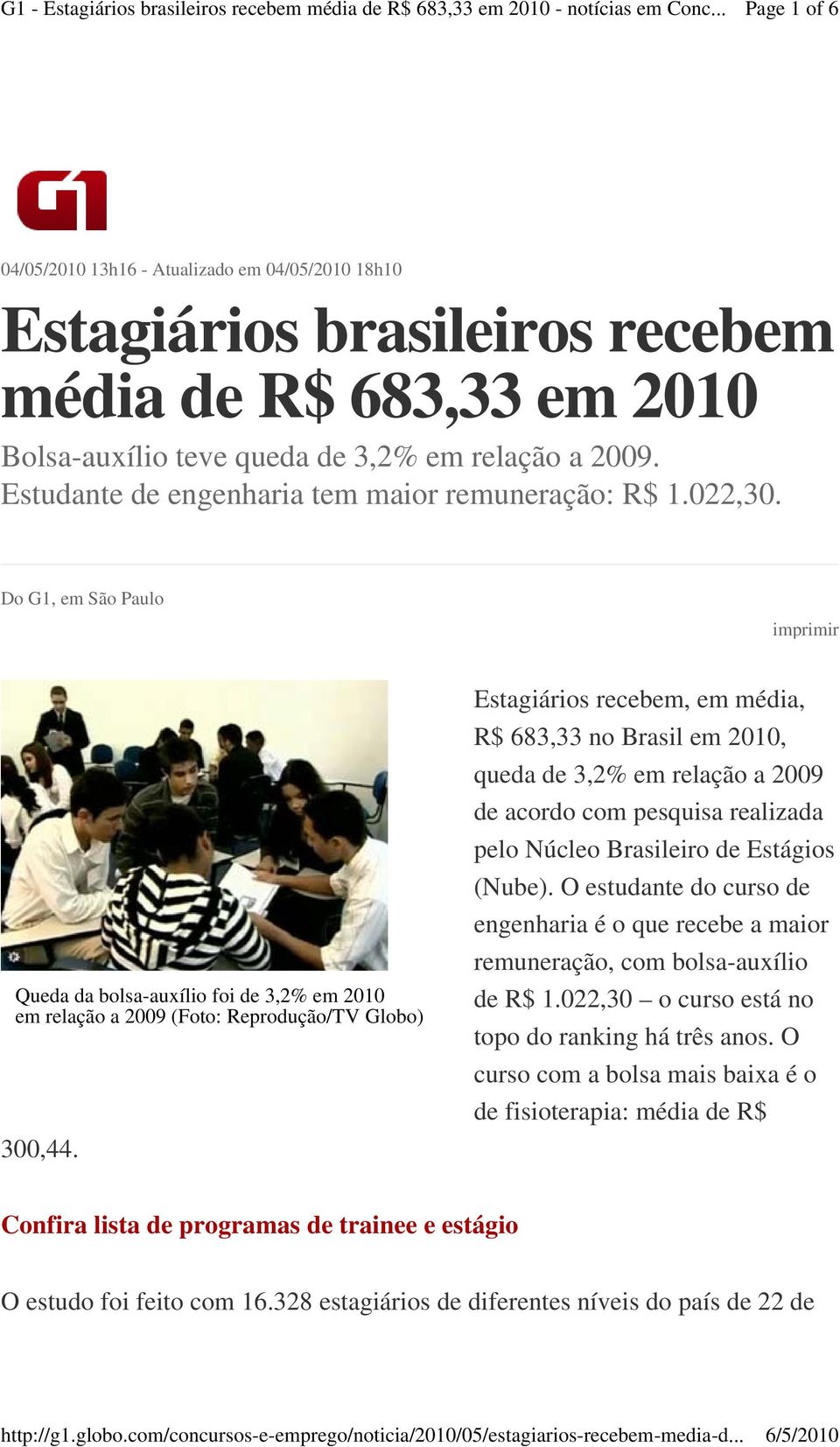 Estagiários recebem, em média, R$ 683,33 no Brasil em 2010, queda de 3,2% em relação a 2009 de acordo com pesquisa realizada pelo Núcleo Brasileiro de Estágios (Nube).