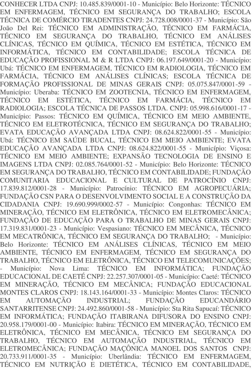 TÉCNICO EM INFORMÁTICA, TÉCNICO EM CONTABILIDADE; ESCOLA TÉCNICA DE EDUCAÇÃO PROFISSIONAL M & R LTDA CNPJ: 06.197.