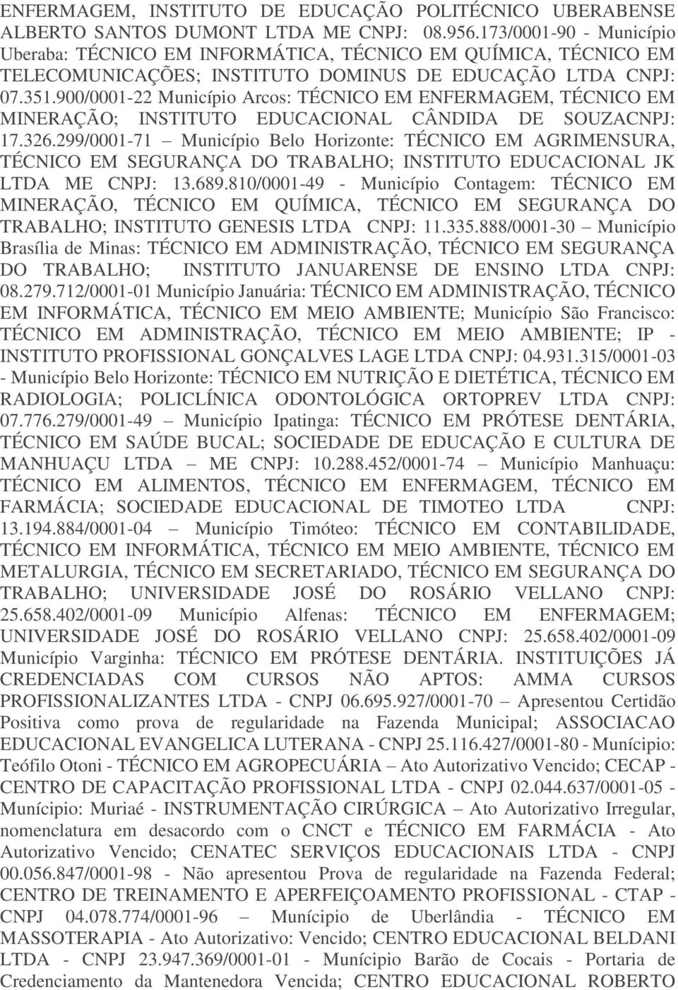 900/0001-22 Município Arcos: TÉCNICO EM ENFERMAGEM, TÉCNICO EM MINERAÇÃO; INSTITUTO EDUCACIONAL CÂNDIDA DE SOUZACNPJ: 17.326.