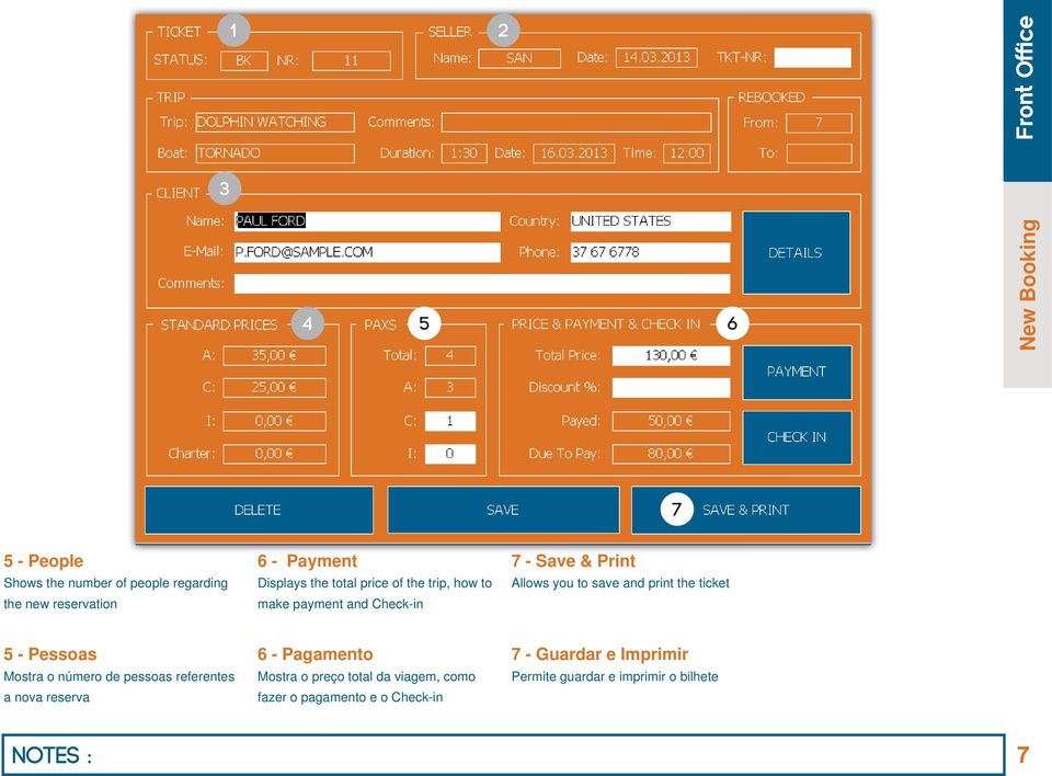 save and print the ticket 5 - Pessoas Mostra o número de pessoas referentes a nova reserva 6 - Pagamento Mostra