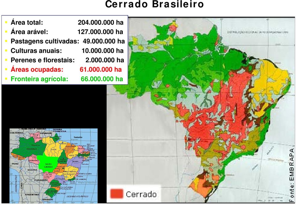 000.000 ha Perenes e florestais: 2.000.000 ha Áreas ocupadas: 61.