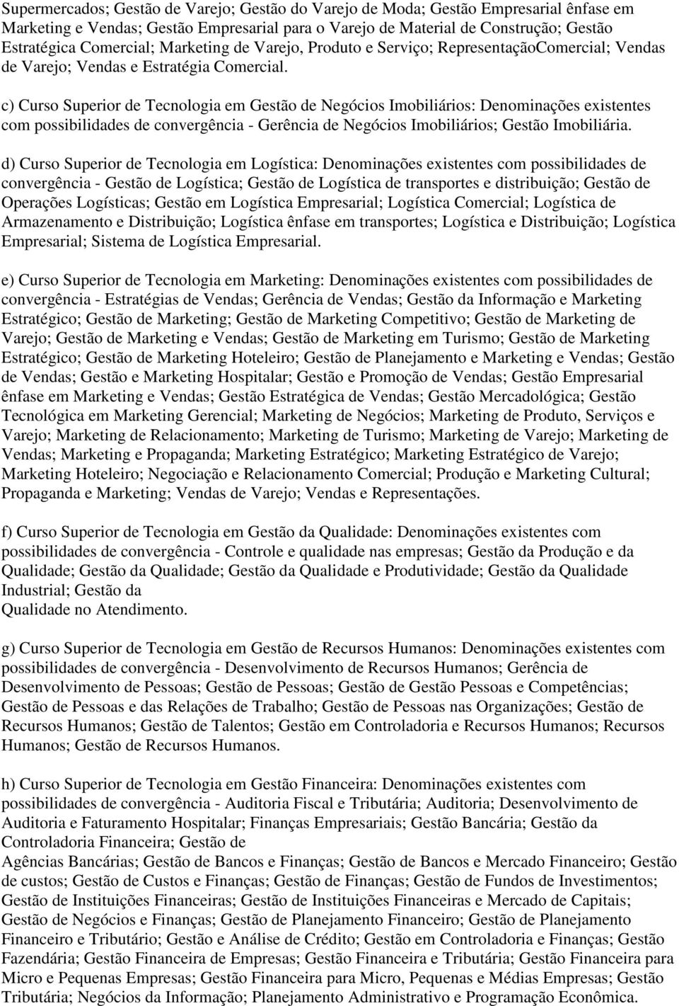 c) Curso Superior de Tecnologia em Gestão de Negócios Imobiliários: Denominações existentes com possibilidades de convergência - Gerência de Negócios Imobiliários; Gestão Imobiliária.