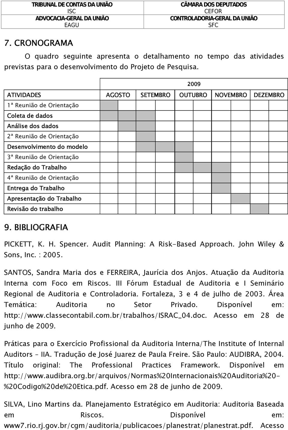 Redação do Trabalho 4ª Reunião de Orientação Entrega do Trabalho Apresentação do Trabalho Revisão do trabalho 9. BIBLIOGRAFIA PICKETT, K. H. Spencer. Audit Planning: A Risk-Based Approach.