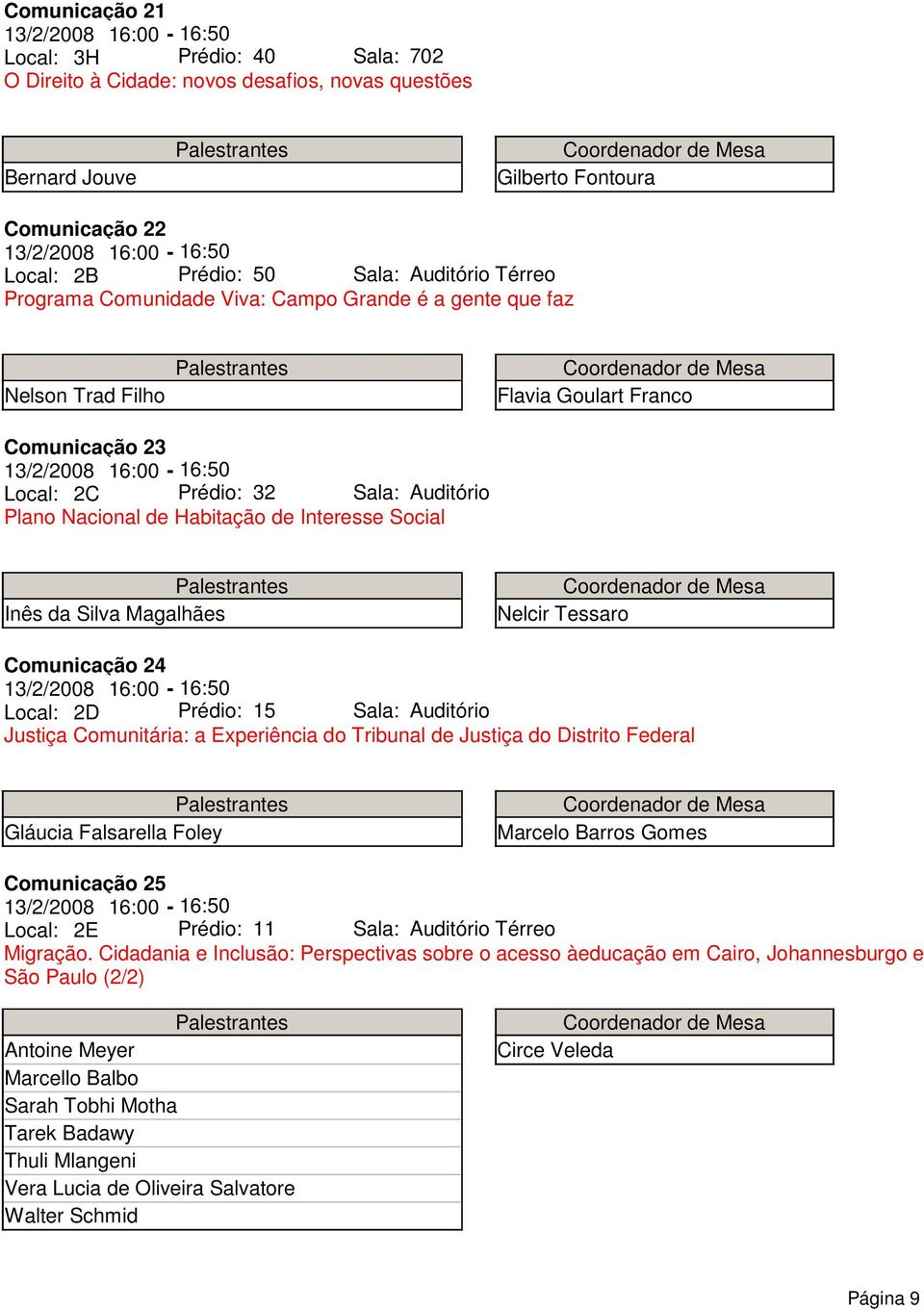 Auditório Plano Nacional de Habitação de Interesse Social Inês da Silva Magalhães Nelcir Tessaro Comunicação 24 13/2/2008 16:00-16:50 Local: 2D Prédio: 15 Sala: Auditório Justiça Comunitária: a