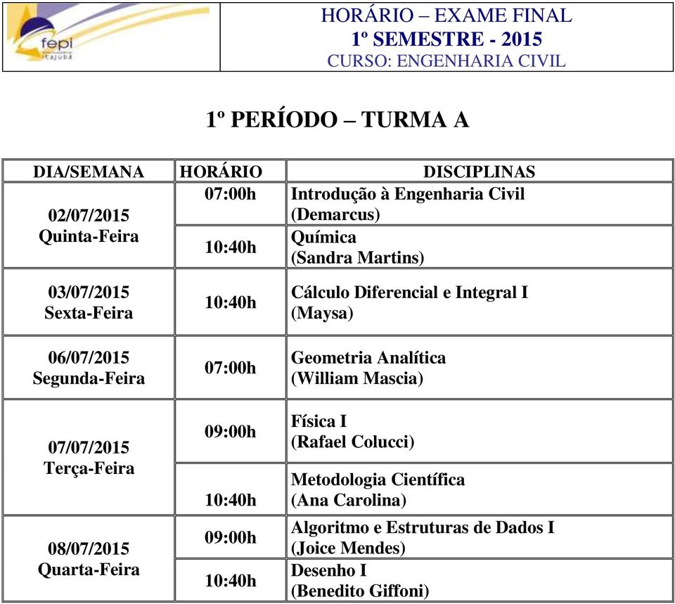 I (Maysa) Geometria Analítica (William Mascia) Física I (Rafael Colucci) Metodologia