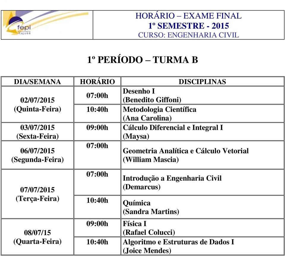 Vetorial (William Mascia) 08/07/15 Introdução a Engenharia Civil (Demarcus) Química