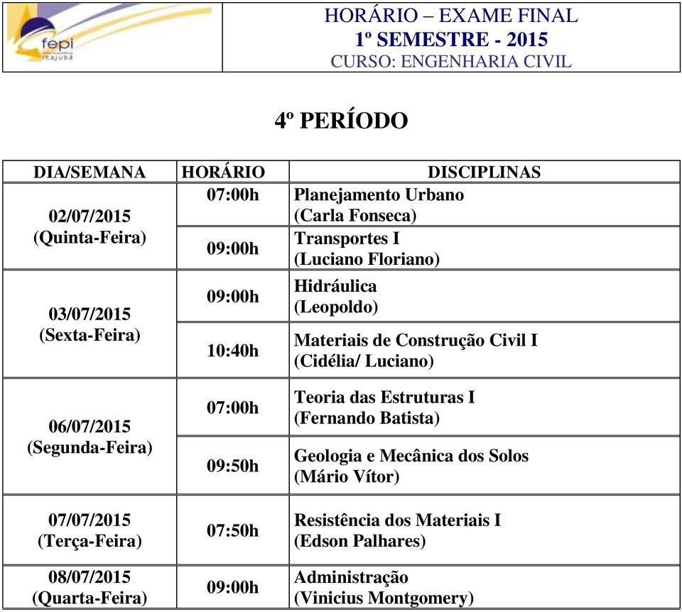 Luciano) Teoria das Estruturas I (Fernando Batista) Geologia e Mecânica dos Solos