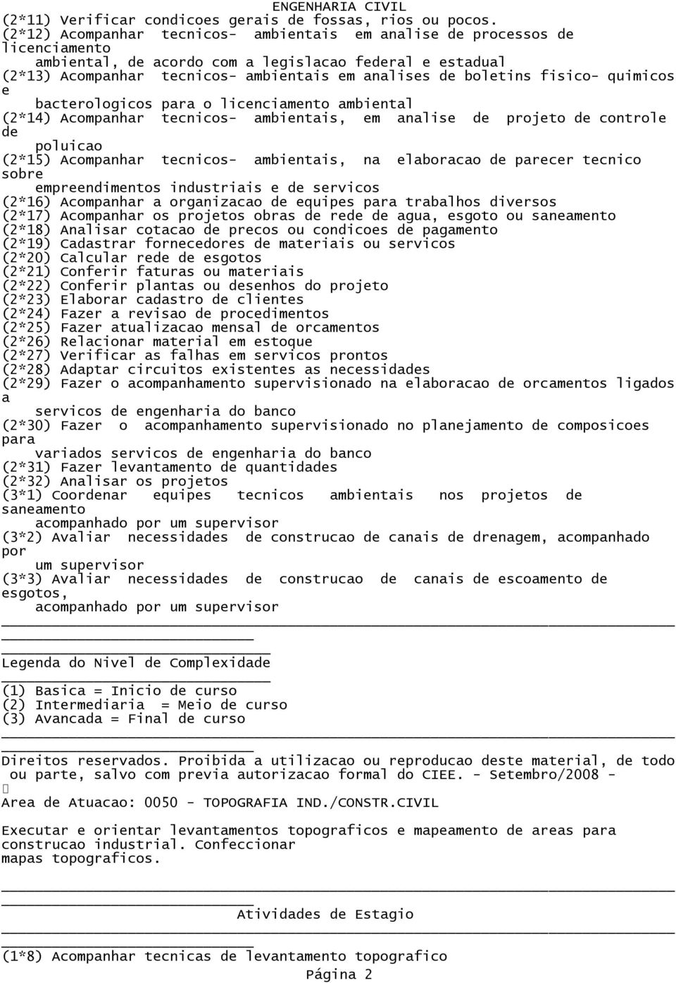 para o licnciamnto ambintal (2*14) Acompanhar tcnicos- ambintais, m analis projto control poluicao (2*15) Acompanhar tcnicos- ambintais, na laboracao parcr tcnico sobr mprndimntos industriais srvicos