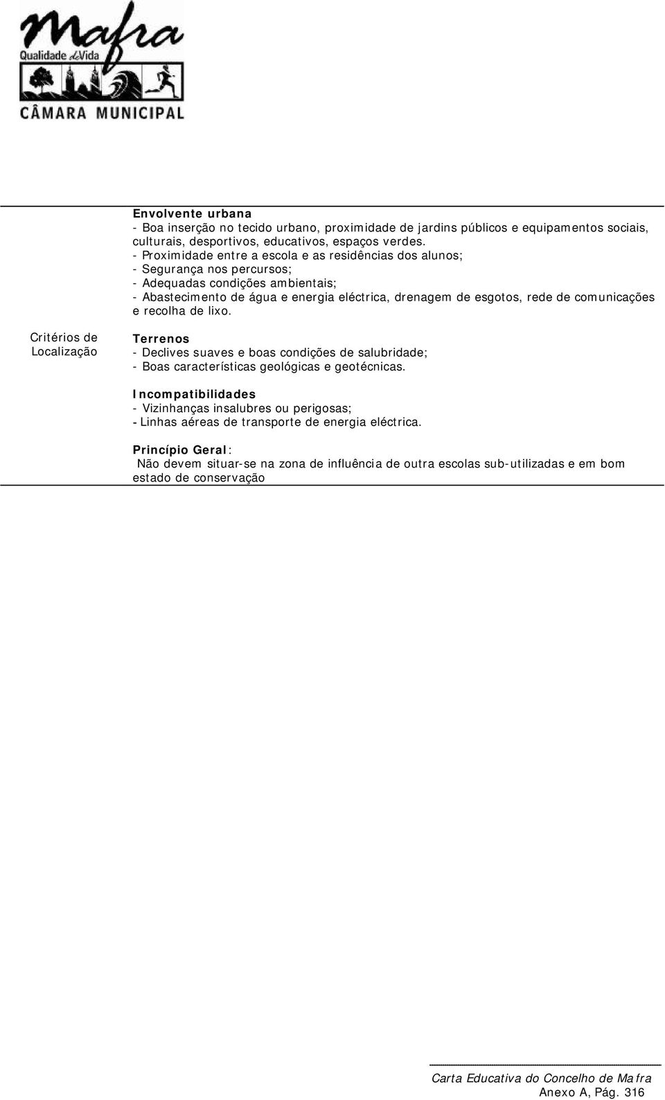 - Proximidade entre a escola e as residências dos alunos; - Abastecimento de água e energia eléctrica, drenagem de esgotos, rede