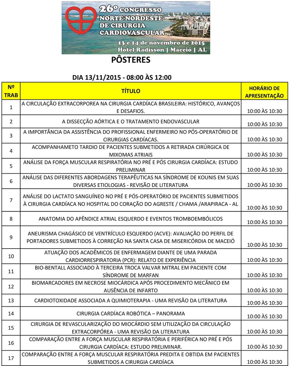 4 ACOMPANHAMETO TARDIO DE PACIENTES SUBMETIDOS A RETIRADA CIRÚRGICA DE MIXOMAS ATRIAIS 5 ANÁLISE DA FORÇA MUSCULAR RESPIRATÓRIA NO PRÉ E PÓS CIRURGIA CARDÍACA: ESTUDO PRELIMINAR 6 ANÁLISE DAS