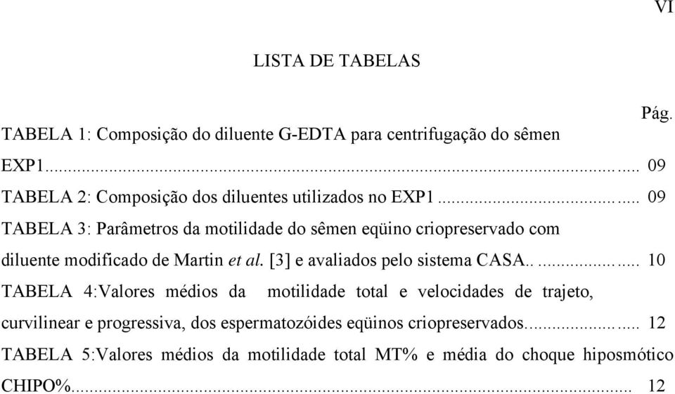 .. 09 TABELA 3: Parâmetros da motilidade do sêmen eqüino criopreservado com diluente modificado de Martin et al.