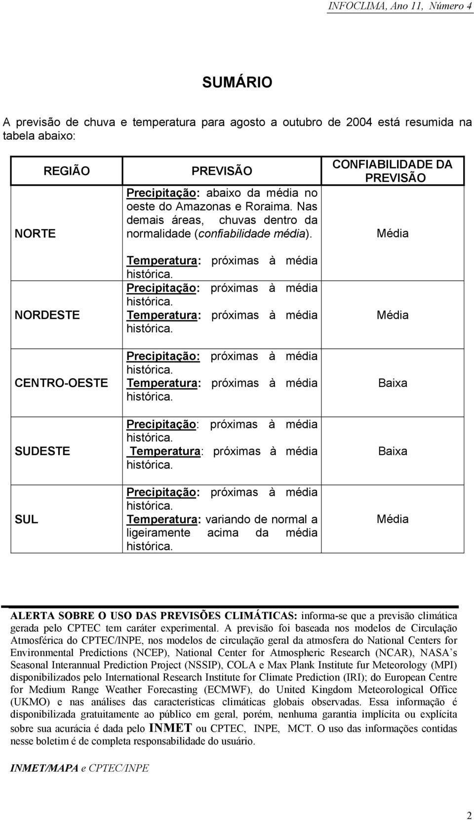 Temperatura: variando de normal a ligeiramente acima da média CONFIABILIDADE DA PREVISÃO Média Média Baixa Baixa Média ALERTA SOBRE O USO DAS PREVISÕES CLIMÁTICAS: informa-se que a previsão climática