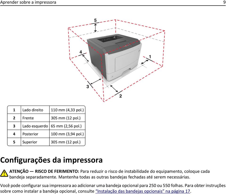 ) Configurações da impressora ATENÇÃO RISCO DE FERIMENTO: Para reduzir o risco de instabilidade do equipamento, coloque cada bandeja separadamente.