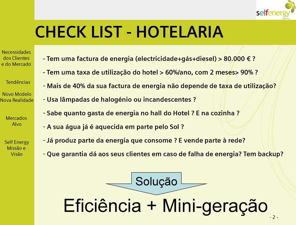 - Usa lâmpadas de halogénio ou incandescentes? - Sabe quanto gasta de energia no hall do Hotel? E na cozinha?