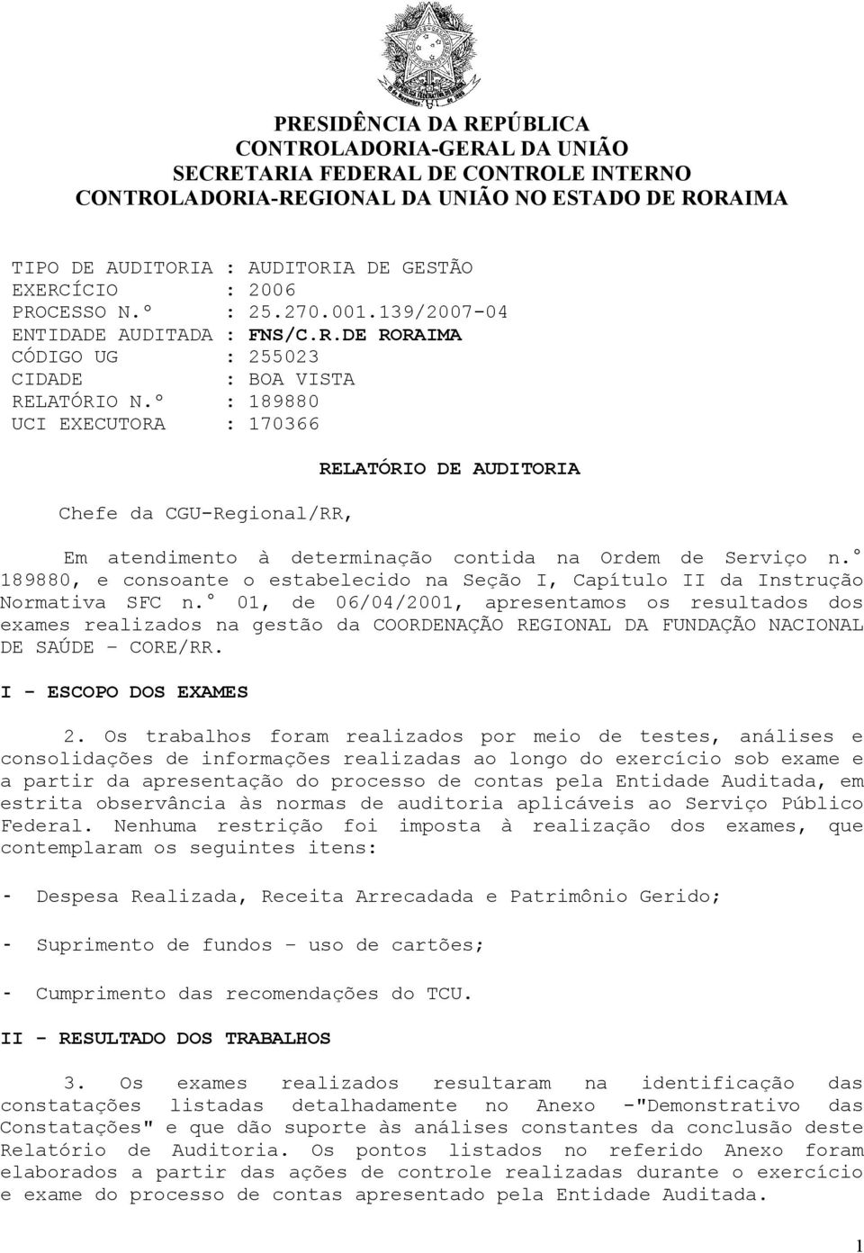 º : 189880 UCI EXECUTORA : 170366 Chefe da CGU-Regional/RR, RELATÓRIO DE AUDITORIA Em atendimento à determinação contida na Ordem de Serviço n.