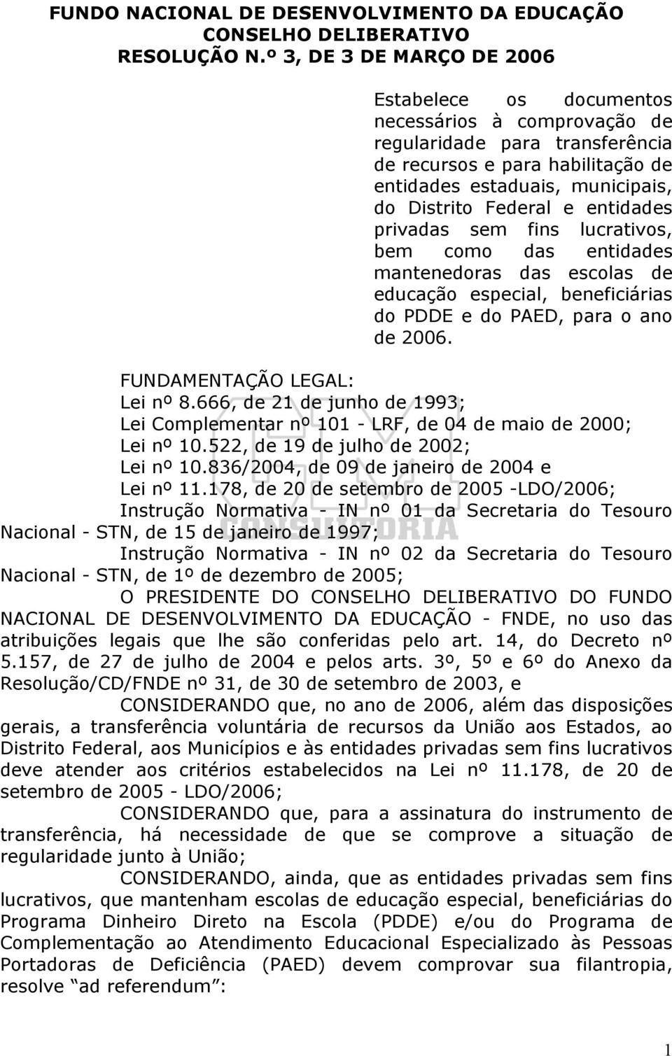 e entidades privadas sem fins lucrativos, bem como das entidades mantenedoras das escolas de educação especial, beneficiárias do PDDE e do PAED, para o ano de 2006. FUNDAMENTAÇÃO LEGAL: Lei nº 8.