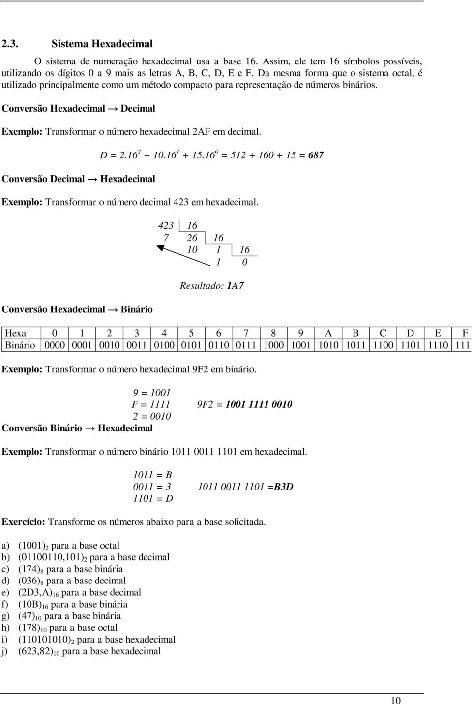 Conversão Hexadecimal Decimal Exemplo: Transformar o número hexadecimal 2AF em decimal. D = 2.16 2 + 10.16 1 + 15.