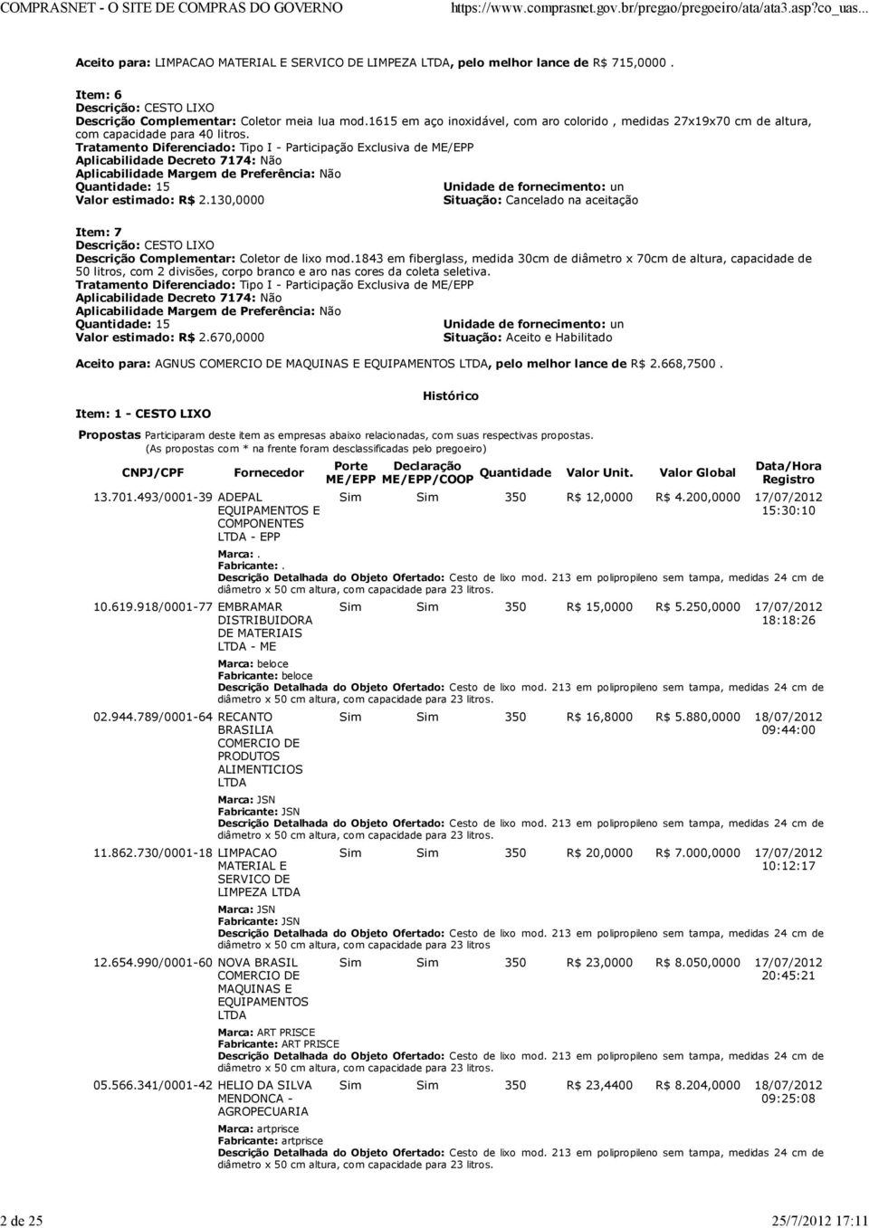 Tratamento Diferenciado: Tipo I - Participação Exclusiva de ME/EPP Aplicabilidade Decreto 7174: Não Aplicabilidade Margem de Preferência: Não Quantidade: 15 Unidade de fornecimento: un Valor