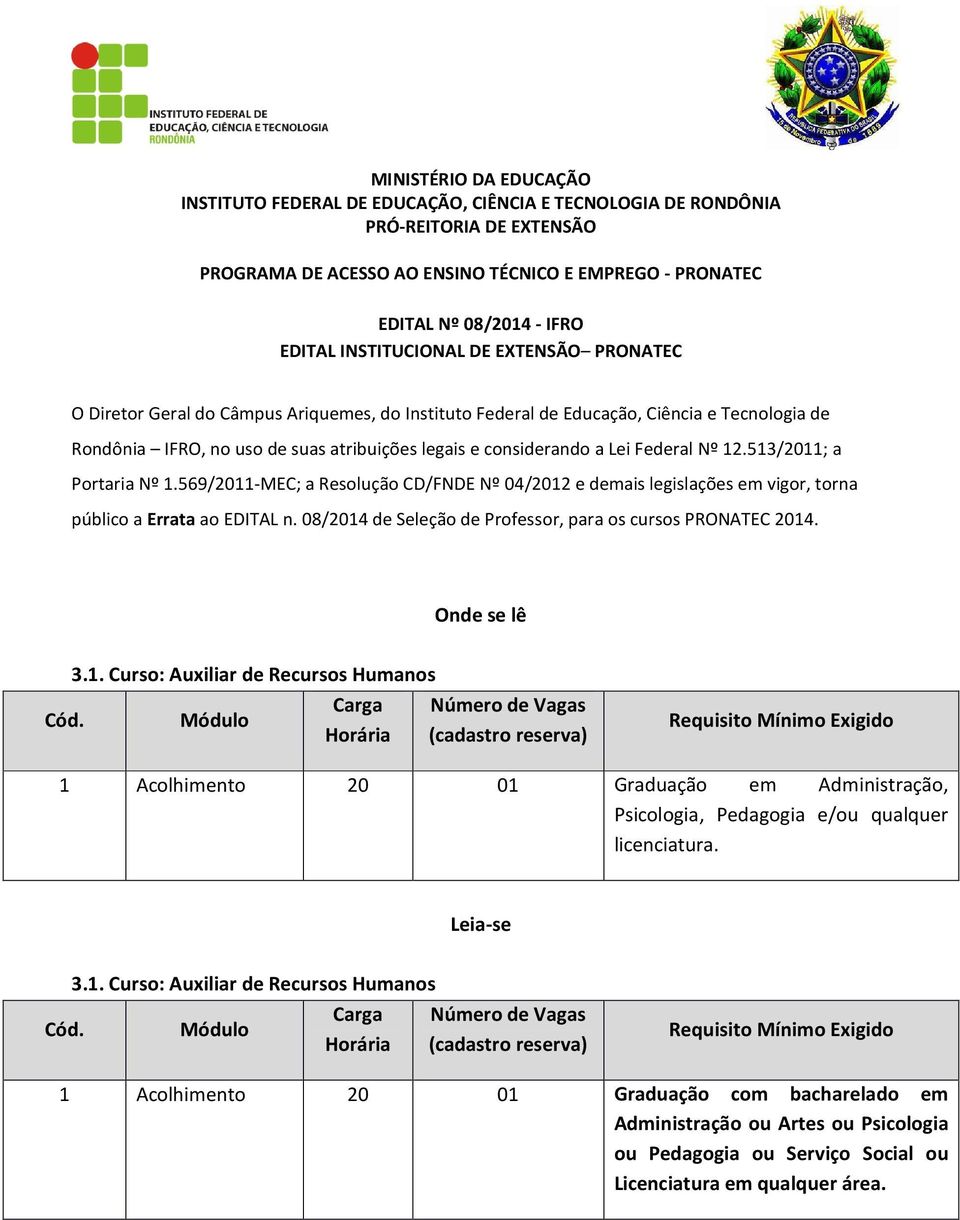 considerando a Lei Federal Nº 12.513/2011; a Portaria Nº 1.569/2011-MEC; a Resolução CD/FNDE Nº 04/2012 e demais legislações em vigor, torna público a Errata ao EDITAL n.