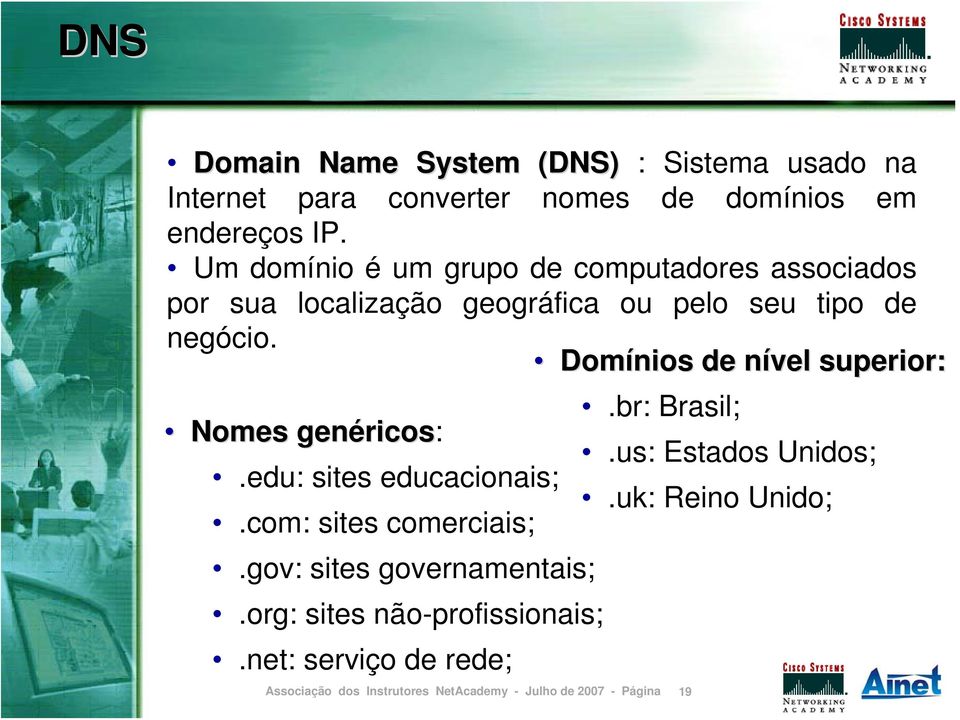 Domínios de nível superior:.br: Brasil; Nomes genéricos:.us: Estados Unidos;.edu: sites educacionais;.
